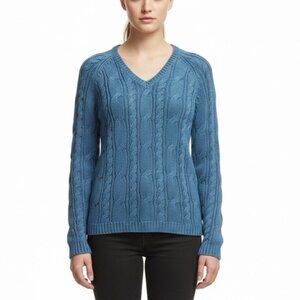 Izod Ladies Blue Cable Knit V-Neck Sweater Lightweight Casual Fit Sz S - New